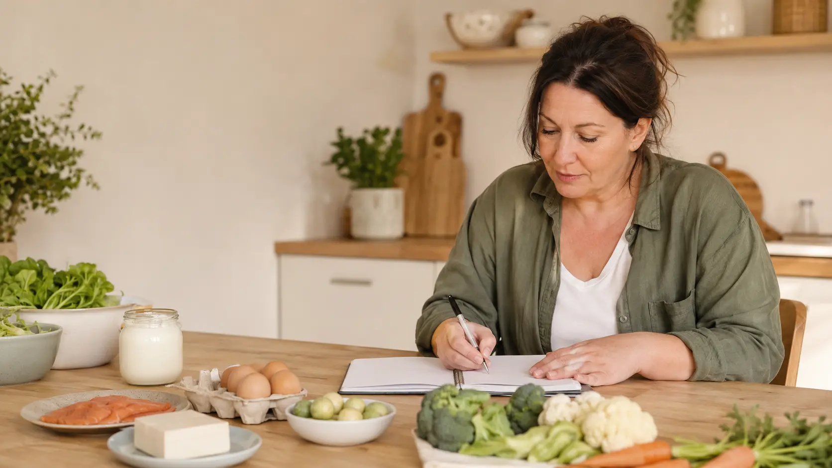 Une femme note son plan de repas dans un carnet, entourée de légumes frais, d'œufs, de saumon et de tofu