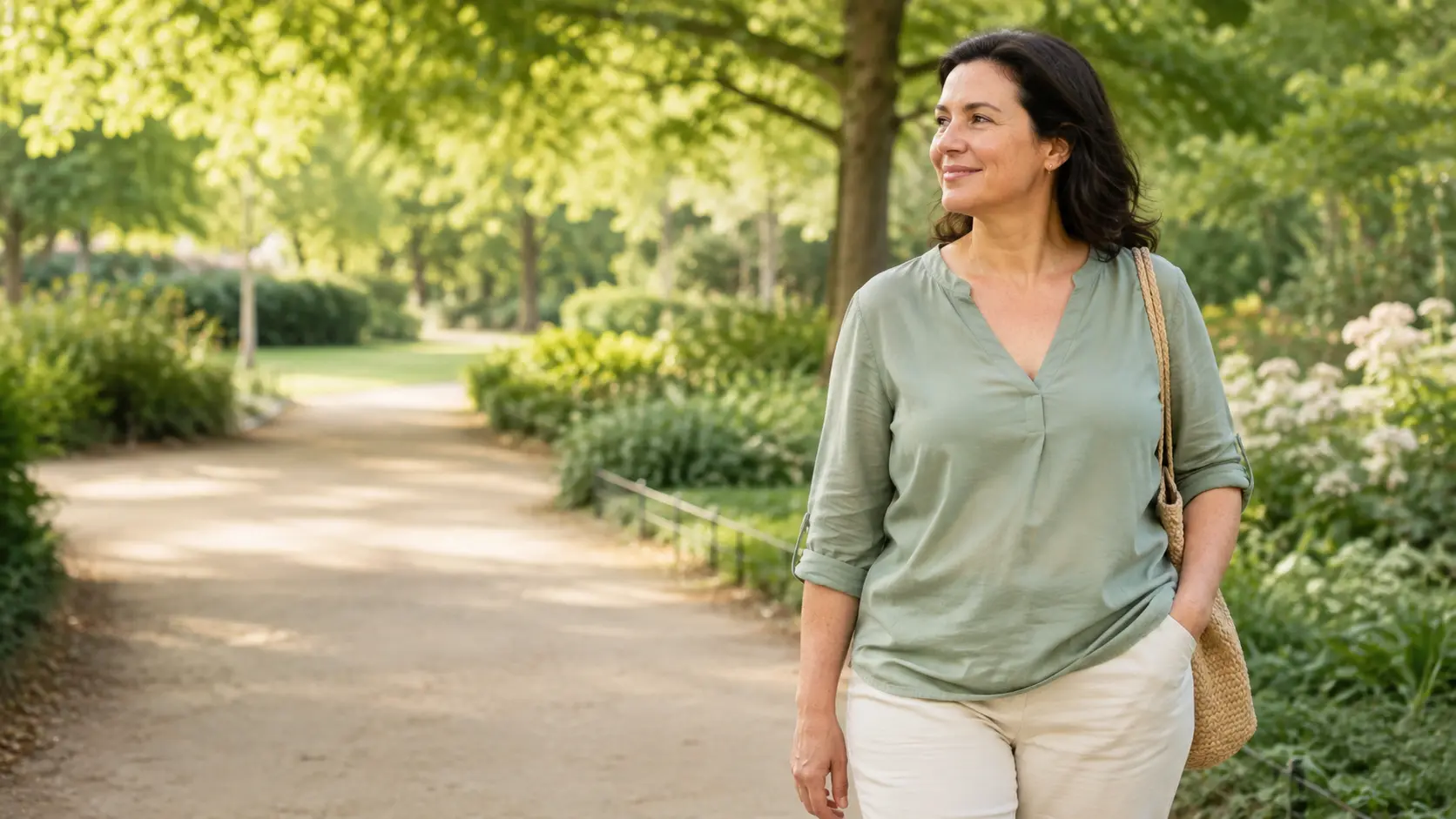 Une femme marche tranquillement sur une allée de parc bordée d'arbres, en fin de journée