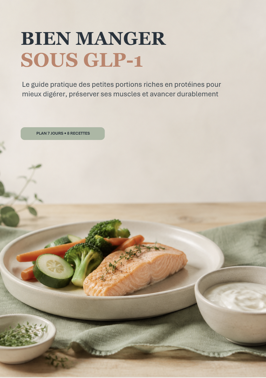 Couverture de l'ebook Bien manger sous GLP‑1 : une petite portion de saumon et de légumes dans une assiette en grès crème