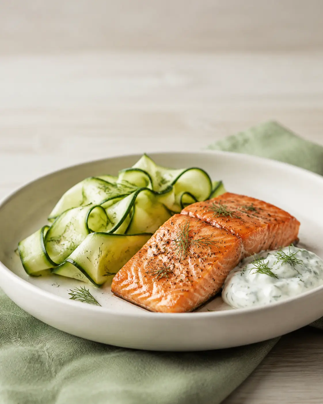 Pavé de saumon tiède accompagné de rubans de courgette et d'une sauce au yaourt et à l'aneth
