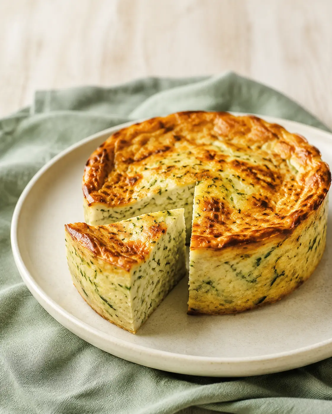Flan de courgettes doré dont une part est découpée, posé sur une assiette en grès crème