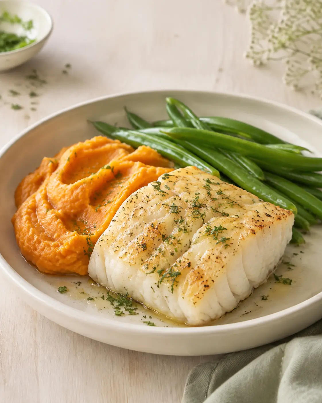 Petite portion de cabillaud doré avec une purée de patate douce et des haricots verts, dans une assiette en grès crème