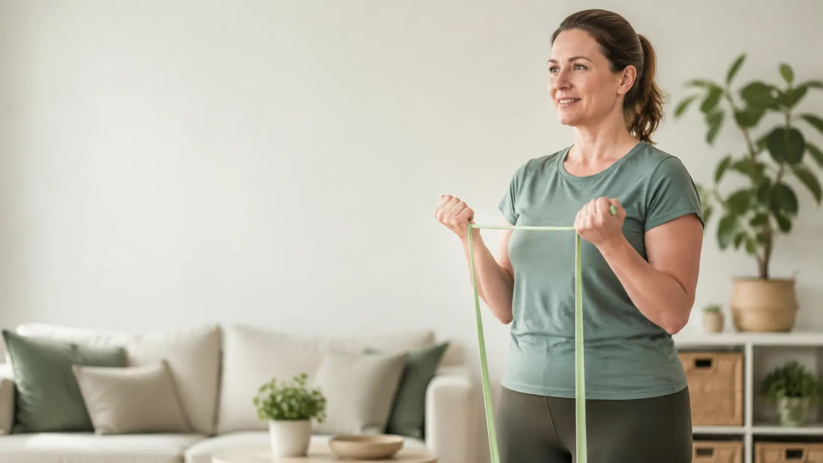 Une femme réalise un exercice avec un élastique de résistance dans son salon lumineux