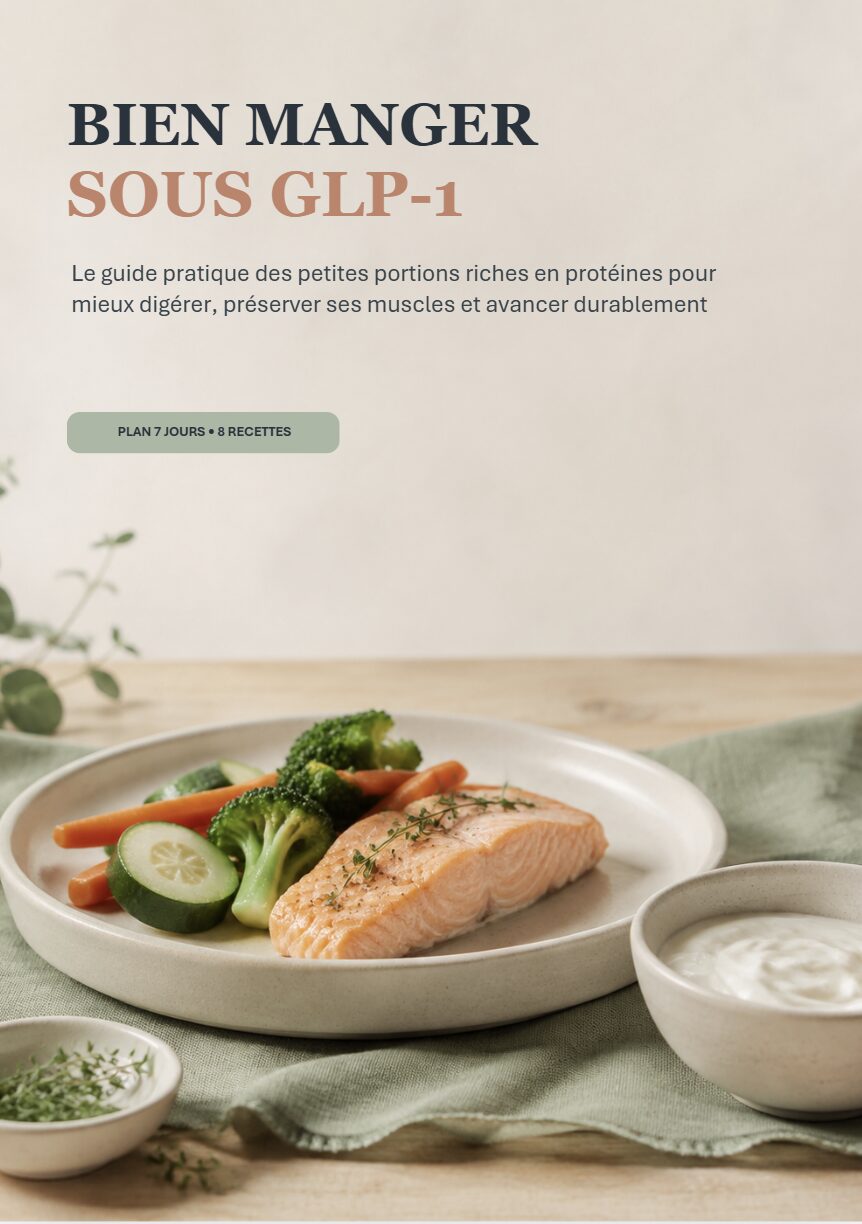 Couverture de l'ebook Bien manger sous GLP‑1 : une petite portion de saumon et de légumes dans une assiette en grès crème